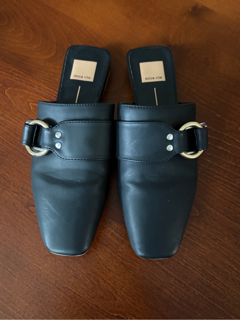 Dolce Vita Black Leather Slip-On Mules with Gold Ring Detail